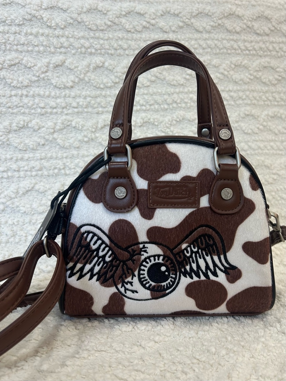 NWT Von Dutch Brown Cow Print Bowling Bag Y2K Vegan Pony Hair Chocolate